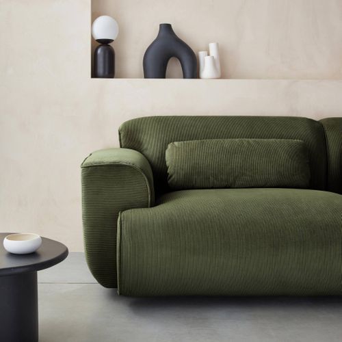 Canapé 3 Places. Tissu Velours Côtelé Vert. 2 Coussins Déhoussables. Wallas  L 230 X P 98 X H 73cm