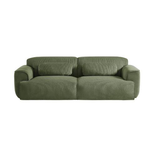 Canapé 3 Places. Tissu Velours Côtelé Vert. 2 Coussins Déhoussables. Wallas  L 230 X P 98 X H 73cm