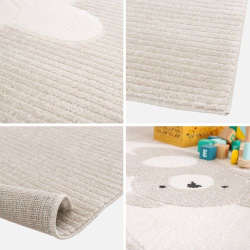 Tapis Enfant Beige / Crème 120 X 170cm. Tapis Intérieur Oursons. Poils Ras