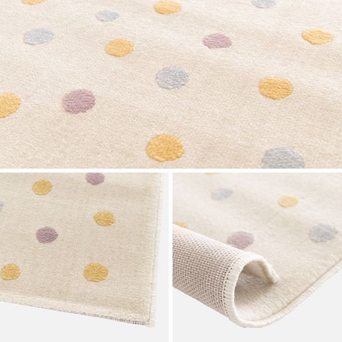 Tapis Enfant à Pois. Crème. Bleu. Jaune Et Violet. Poils Ras