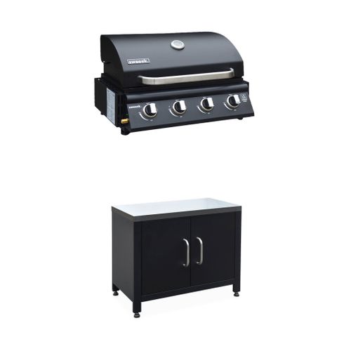 Barbecue à Gaz Avec 4 Brûleurs à Poser Avec Récupérateur De Graisse + Meuble De Cuisine Extérieure