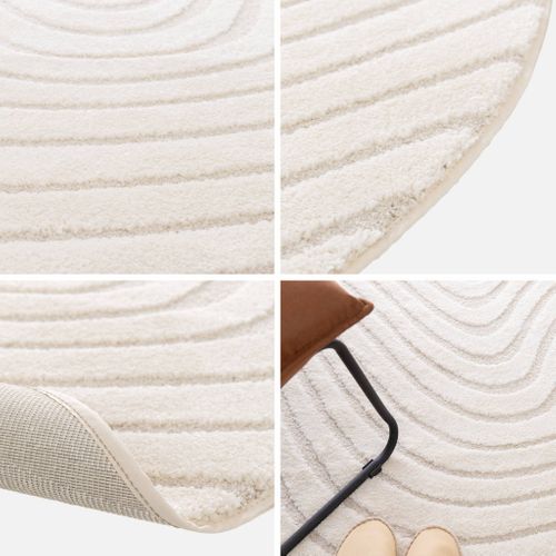 Tapis Rond Intérieur Motifs Ondulations En Relief Crème Ø160cm