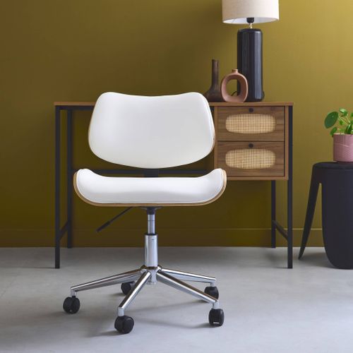 Chaise De Bureau à Roulettes Décor Bois Courbé Placage Effet Chêne Et Simili Cuir Blanc