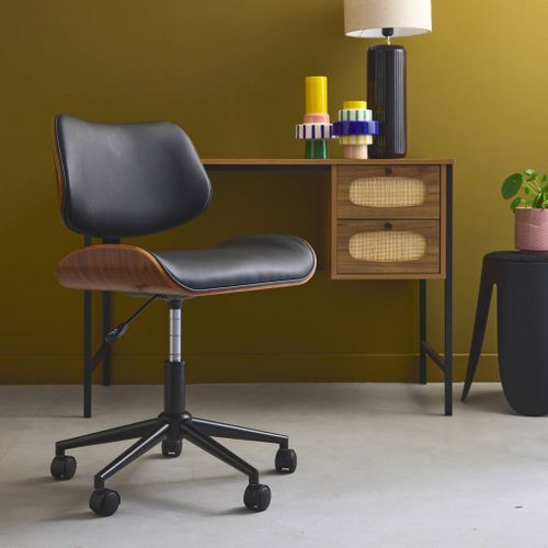 Chaise De Bureau à Roulettes Décor Bois Courbé Placage Effet Noyer Et Simili Cuir Noir