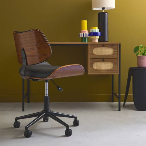 Chaise De Bureau à Roulettes Décor Bois Courbé Placage Effet Noyer Et Simili Cuir Noir