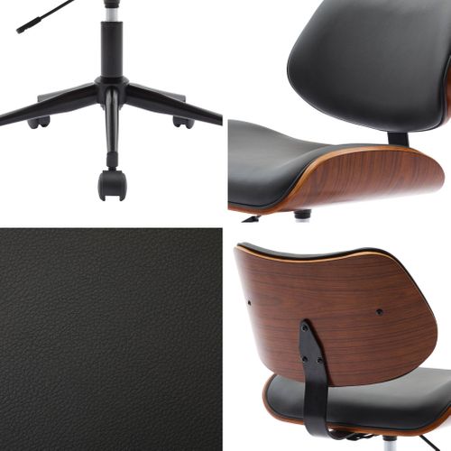 Chaise De Bureau à Roulettes Décor Bois Courbé Placage Effet Noyer Et Simili Cuir Noir