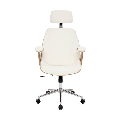 Chaise De Bureau à Roulettes Décor Bois Courbé Placage Effet Chêne Et Simili Cuir Blanc