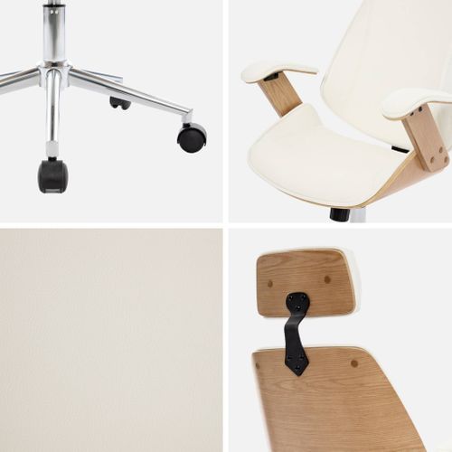 Chaise De Bureau à Roulettes Décor Bois Courbé Placage Effet Chêne Et Simili Cuir Blanc