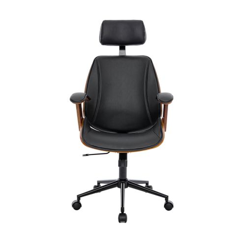 Chaise De Bureau à Roulettes Décor Bois Courbé Placage Effet Noyer Et Simili Cuir Noir