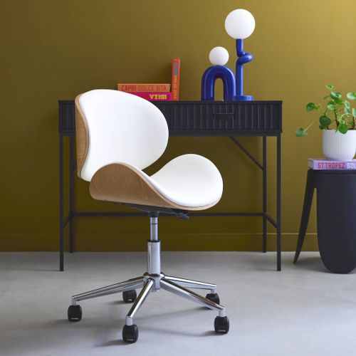 Chaise De Bureau à Roulettes Bois Courbé Avec Placage Effet Chêne Et Assise Blanche