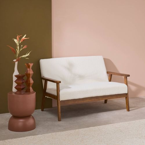 Banquette Canapé 2 Places En Bois Teinté Noyer Clair Et Tissu Bouclette. Isak. 114 X 69.5 X 73