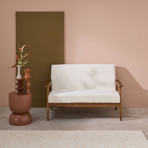 Banquette Canapé 2 Places En Bois Teinté Noyer Clair Et Tissu Bouclette. Isak. 114 X 69.5 X 73