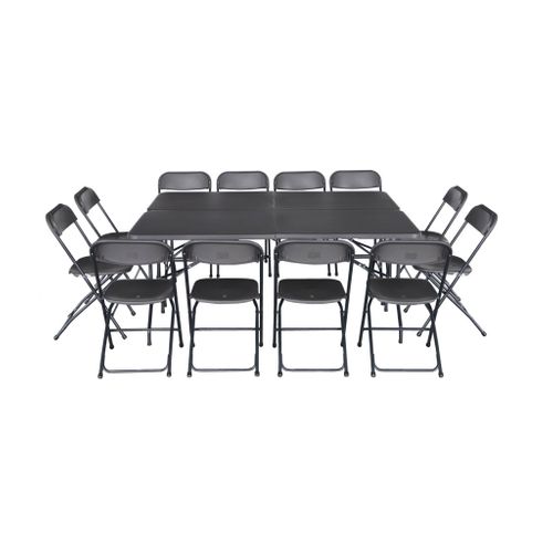 Lot De 2 Tables De Réception Pliables En Plastique Gris 180cm + 12 Chaises D'appoint. Table De
