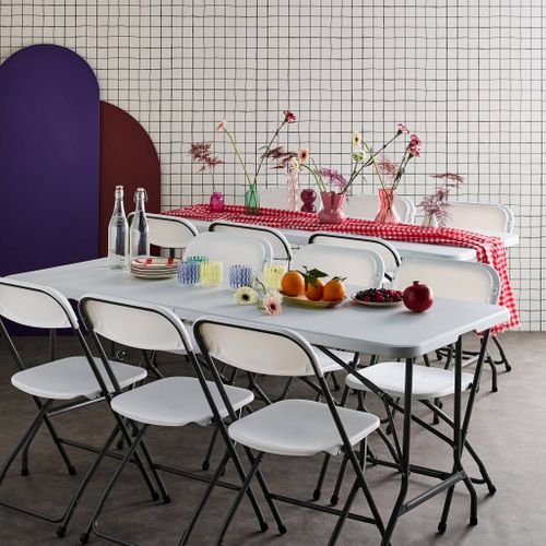 Lot De 2 Tables De Réception Pliables En Plastique Blanc 180cm + 12 Chaises D'appoint. Table De