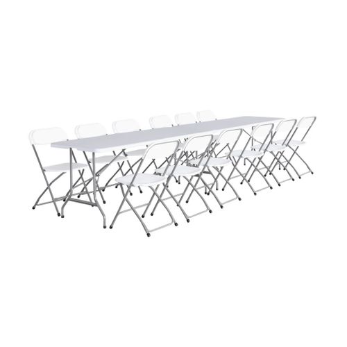 Lot De 2 Tables De Réception Pliables En Plastique Blanc 180cm + 12 Chaises D'appoint. Table De