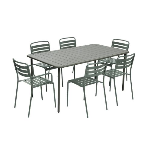 Table De Jardin Métal + 6 Assises Kaki. Acier Traitement Anti Rouille
