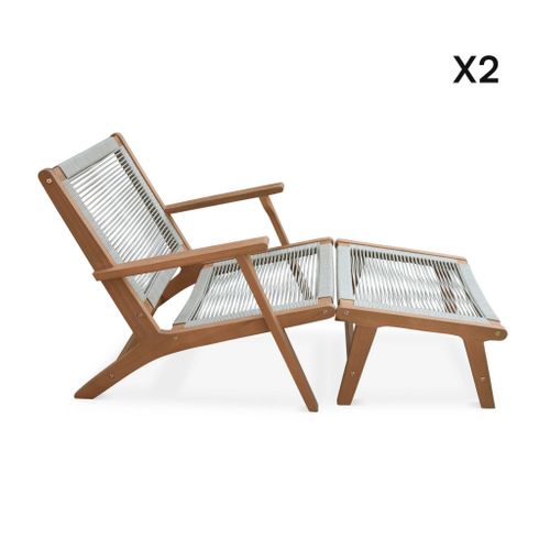 Lot De 2 Fauteuils Relax Taupe En Eucalyptus. Corde. Avec Repose-pieds