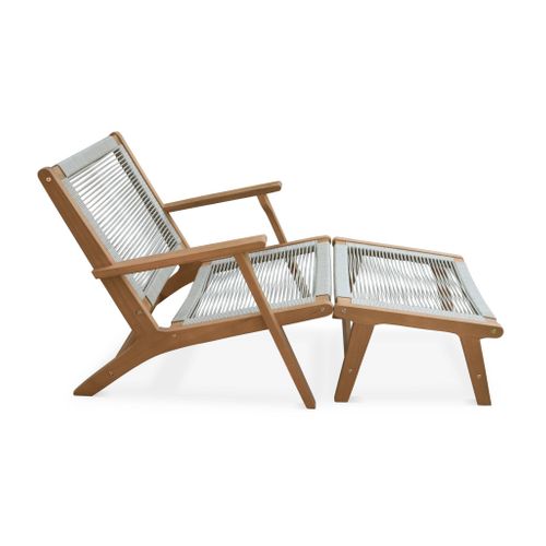 Lot De 2 Fauteuils Relax Taupe En Eucalyptus. Corde. Avec Repose-pieds