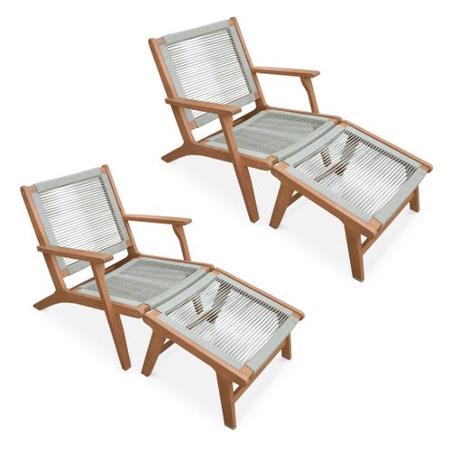 Lot De 2 Fauteuils Relax Taupe En Eucalyptus. Corde. Avec Repose-pieds
