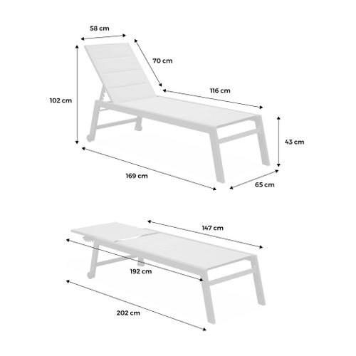 Lot De 2 Bains De Soleil Solis En Textilène Matelassé. Transats 6 Positions. Structure Blanc.