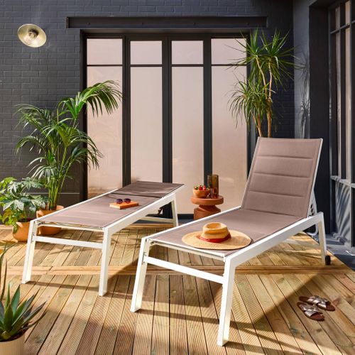 Lot De 2 Bains De Soleil Solis En Textilène Matelassé. Transats 6 Positions. Structure Blanc.