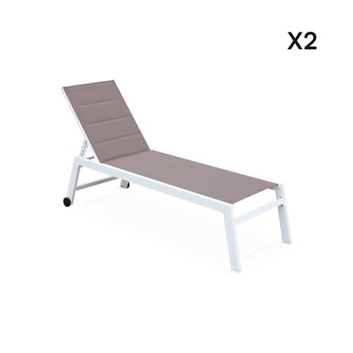 Lot De 2 Bains De Soleil Solis En Textilène Matelassé. Transats 6 Positions. Structure Blanc.