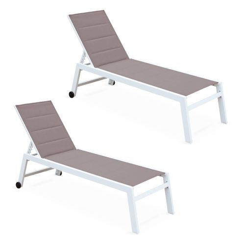 Lot De 2 Bains De Soleil Solis En Textilène Matelassé. Transats 6 Positions. Structure Blanc.