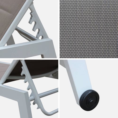 Lot De 2 Bains De Soleil Solis En Textilène Matelassé. Transats 6 Positions. Structure Blanc.