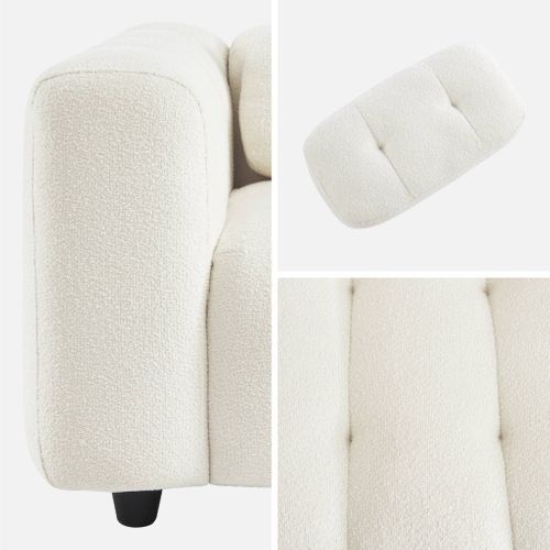 Fauteuil 1 Place En Bouclette Texturée Capitonné Crème Structure Bois D'eucalyptus Et Contreplaqué