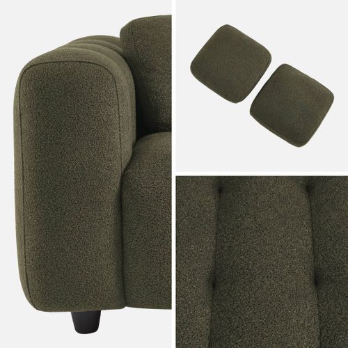 Canapé 2 Places En Bouclette Texturée Capitonné. Kaki Foncé. Structure Bois D'eucalyptus Et