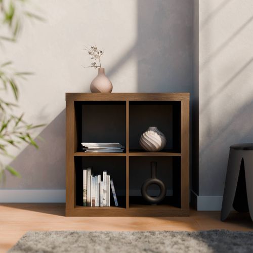 Etagère Bibliothèque Cubique 2 Niveaux 4 Compartiments. Casiers. Effet Bois De Noyer. L 76 X P 39 X