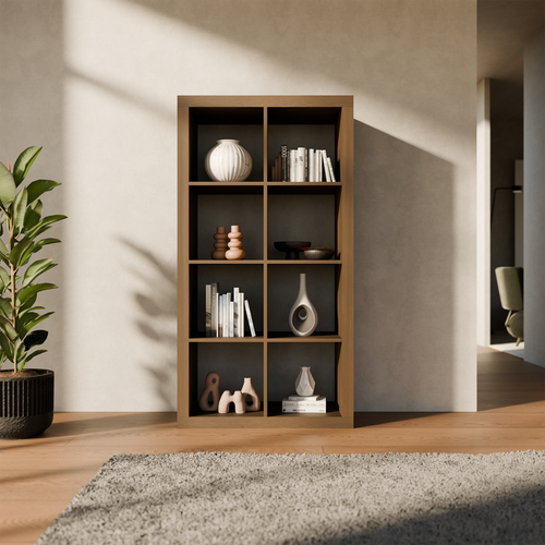 Etagère Bibliothèque 4 Niveaux 8 Compartiments. Casiers. Effet Bois De Noyer. L 76 X P 39 X H 146cm