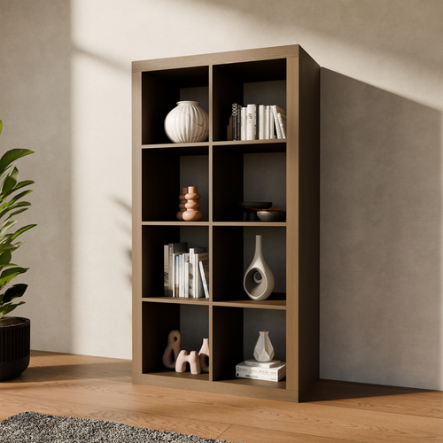 Etagère Bibliothèque 4 Niveaux 8 Compartiments. Casiers. Effet Bois De Noyer. L 76 X P 39 X H 146cm
