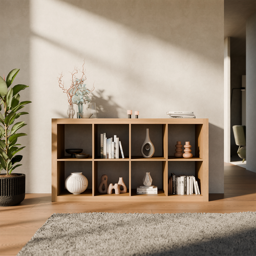 Etagère Bibliothèque 4 Niveaux 8 Compartiments. Casiers. Effet Bois De Manguier. L 76 X P 39 X H