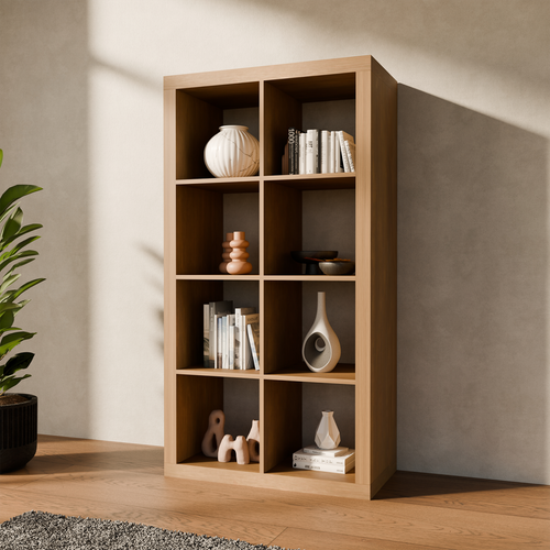 Etagère Bibliothèque 4 Niveaux 8 Compartiments. Casiers. Effet Bois De Manguier. L 76 X P 39 X H