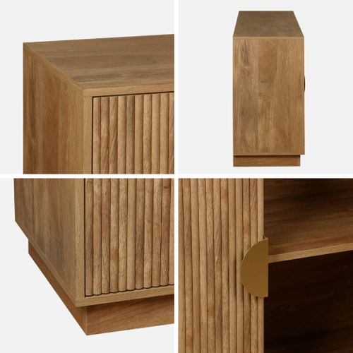 Buffet Exotique 4 Portes. Décor Bois De Manguier Rainuré. Buffet Bas. Poignées En Métal Doré. L 180