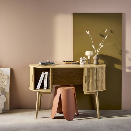 Bureau Ovale Décor Bois Rainuré Avec Deux Espaces De Rangement. L 120 X P 55 X H 77 Cm