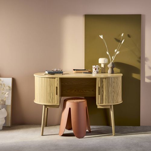 Bureau Ovale Décor Bois Rainuré Avec Deux Espaces De Rangement. L 120 X P 55 X H 77 Cm