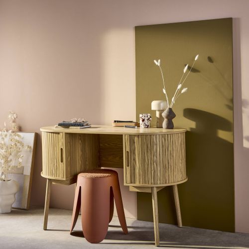 Bureau Ovale Décor Bois Rainuré Avec Deux Espaces De Rangement. L 120 X P 55 X H 77 Cm