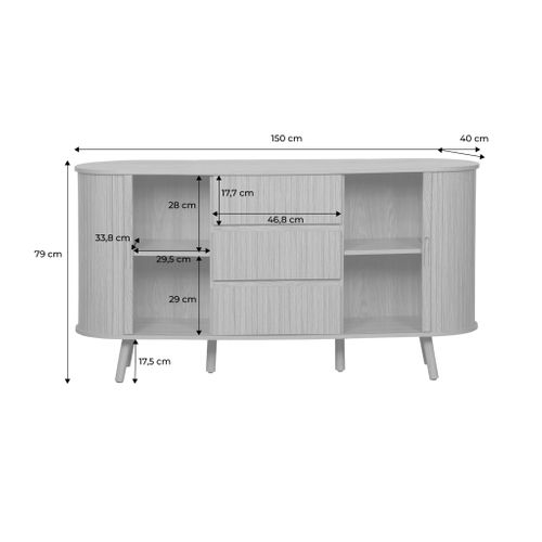 Buffet Scandinave Ovale 2 Portes Coulissantes. 4 Compartiments. 3 Tiroirs. Décor Bois Rainuré.