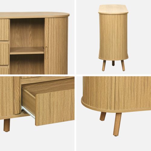 Buffet Scandinave Ovale 2 Portes Coulissantes. 4 Compartiments. 3 Tiroirs. Décor Bois Rainuré.