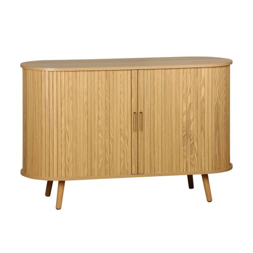 Buffet Scandinave 2 Portes Coulissantes. 4 Compartiments. Décor Bois Rainuré. Couleur Naturelle.