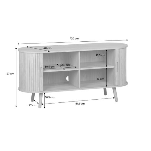 Meuble TV Scandinave 2 Portes Coulissantes. 4 Compartiments. Décor Bois Rainuré Naturel. L120 X 40