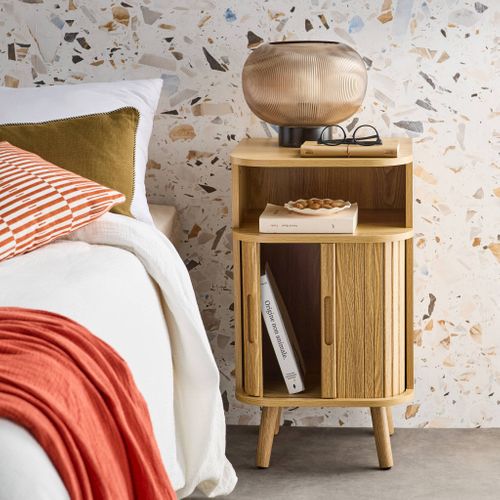 Table De Chevet 2 Portes Coulissantes + 1 Niche Effet Bois Rainuré. L 40 X P 40 X H 70cm