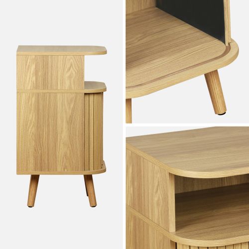 Table De Chevet 2 Portes Coulissantes + 1 Niche Effet Bois Rainuré. L 40 X P 40 X H 70cm