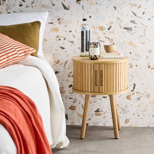 Lot De 2 Tables De Chevet Ovale 2 Portes Coulissantes Poignées Creusées. Effet Bois Rainuré. L40 X