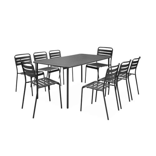 Table De Jardin Métal + 8 Assises Anthracite Traitement Antirouille. Lattes Et Bords Arrondis