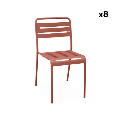 Table De Jardin Métal + 8 Assises Terracotta Traitement Antirouille. Lattes Et Bords Arrondis