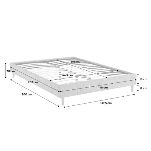 Lit Avec Sommier à Lattes. L 203 X P 148 X H 30cm. Blanc. Finition Velours Côtelé (fine Côte)