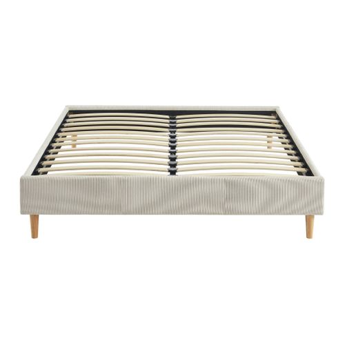 Lit Avec Sommier à Lattes. L 203 X P 148 X H 30cm. Blanc. Finition Velours Côtelé (fine Côte)